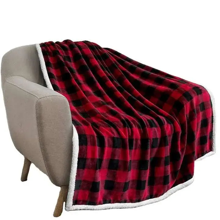 Bohemian winter blanket red and black plaid fleece with white sherpa lining for cozy living room use