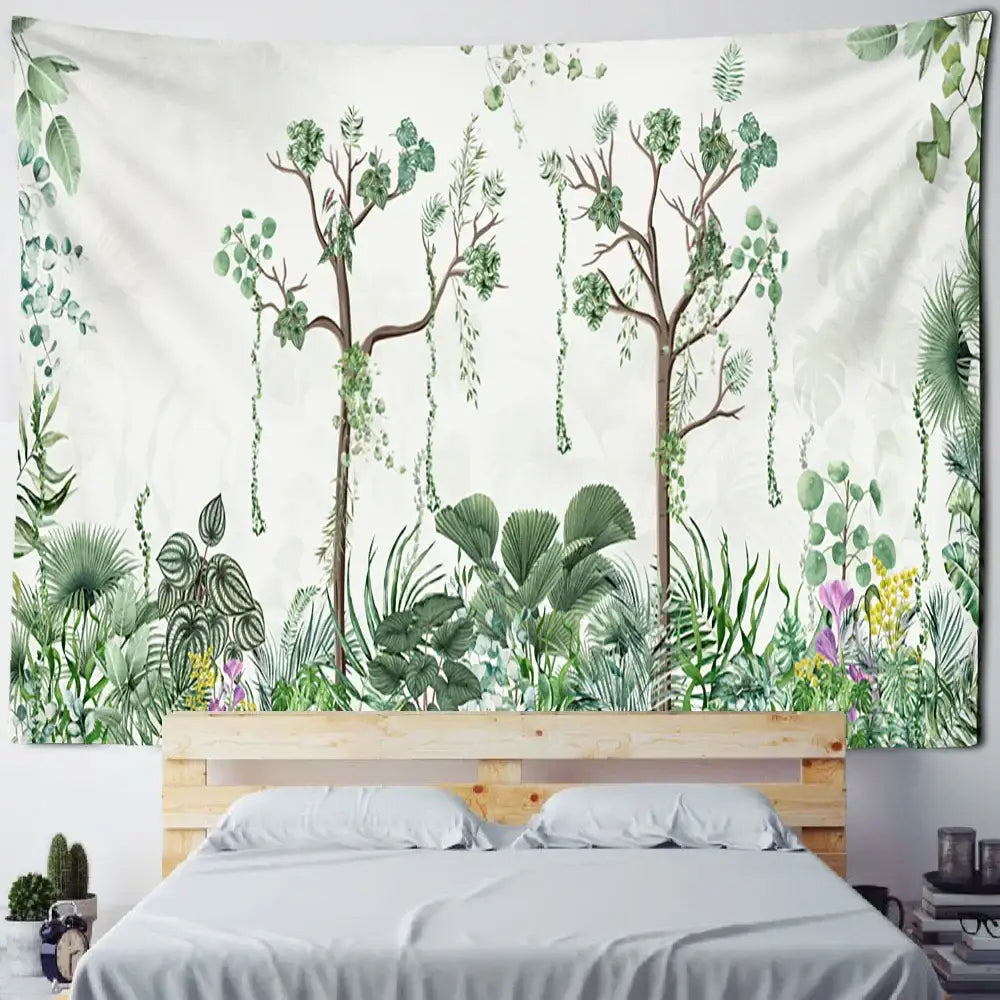 Boho banana tree mist tapestry wall hanging with green trees and purple flowers on off-white background for living room decor