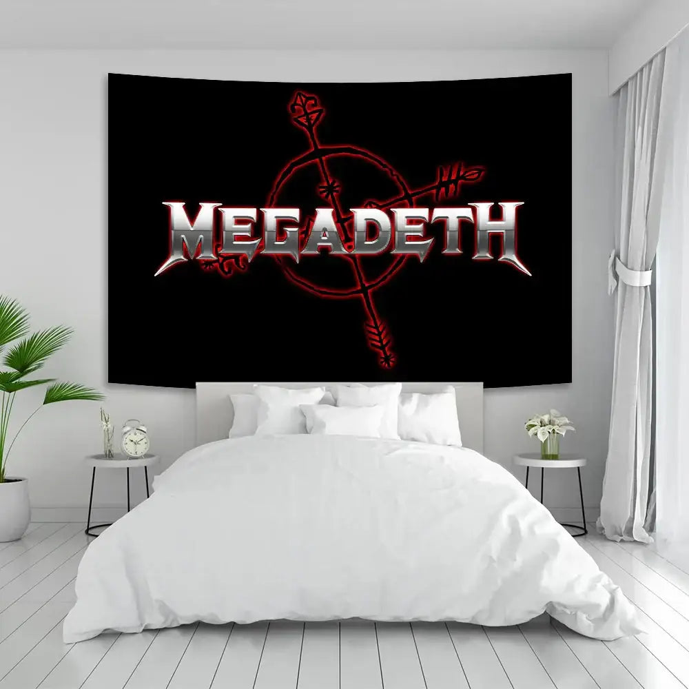 Black megadeth boho band tapestry wall art with red and silver metallic logo hanging above bed for decorbites boho decor