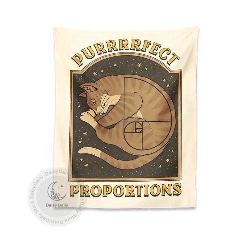Cream-colored boho beige and gold cute cat tapestry wall hanging with tan tabby cat on starry black background for bedroom decor