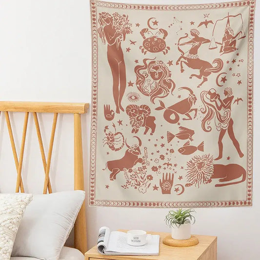 Beige and red constellation tarot boho tapestry featuring intricate zodiac and mythological designs for bedroom decorbites decor