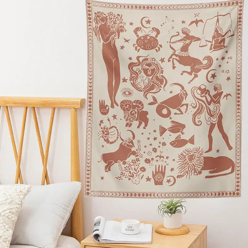 Beige and red constellation tarot boho tapestry featuring intricate zodiac and mythological designs for bedroom decorbites decor