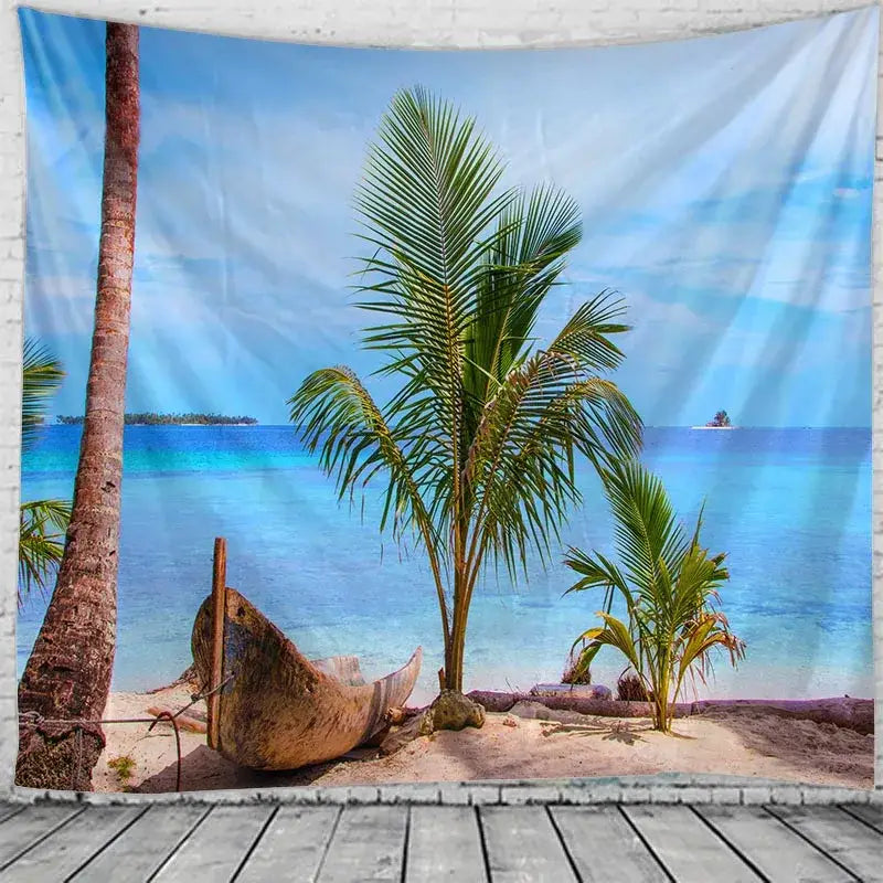 Boho beige beach view mandala tapestry featuring a vibrant tropical scene with palm trees turquoise water and canoe