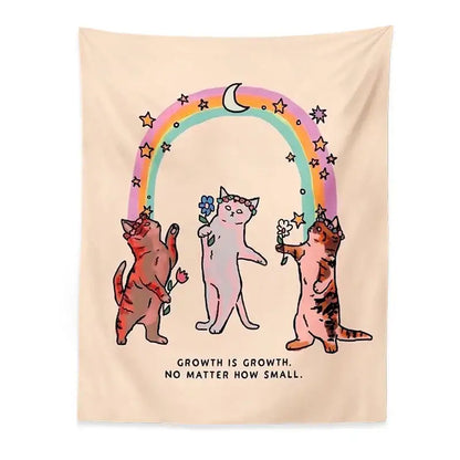 Beige boho cat tapestry wall hanging with three whimsical cats under a rainbow for bedroom decorbites cat tapestry