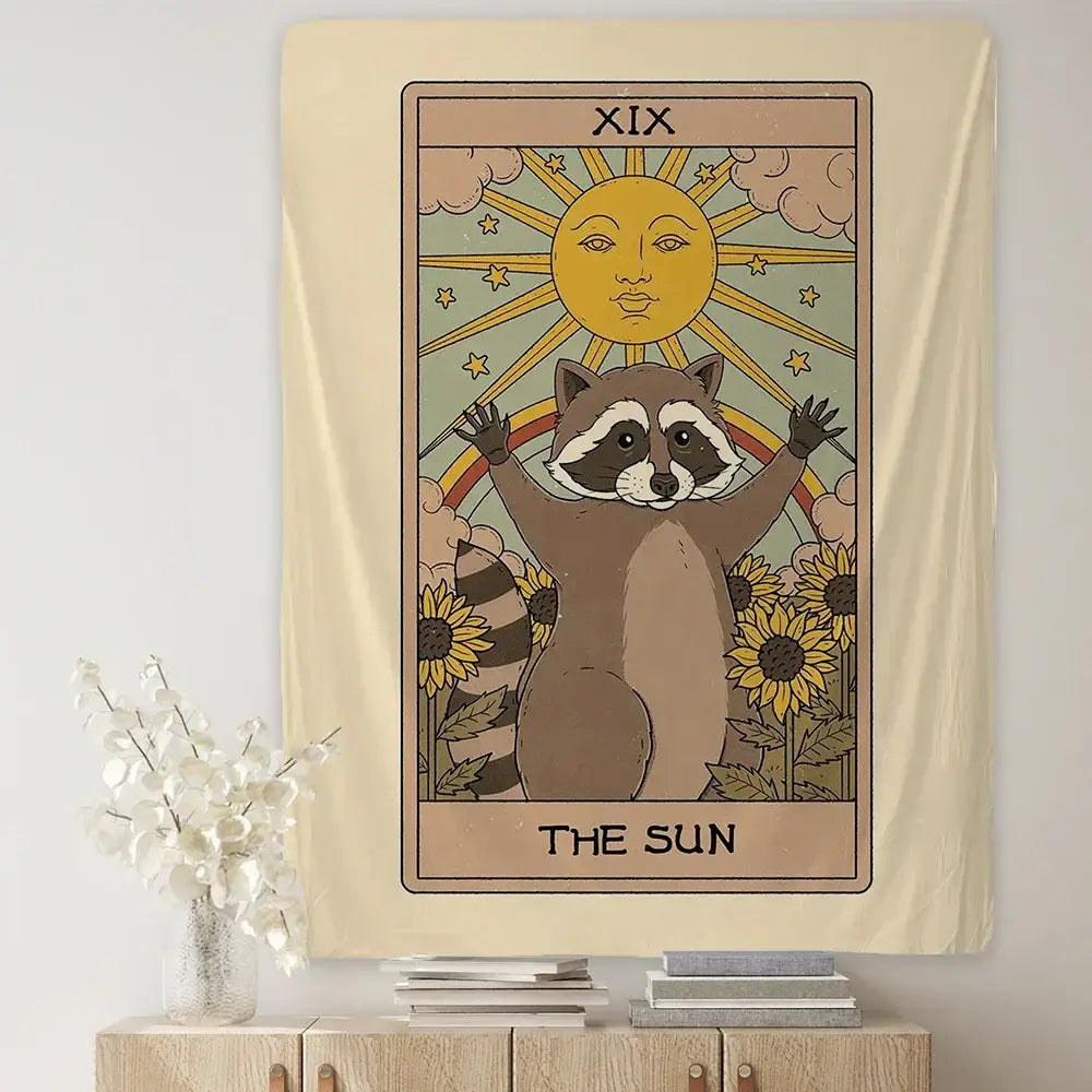 Beige tapestry wall art featuring a cute raccoon tarot card in the style of the sun with sun and rainbow details