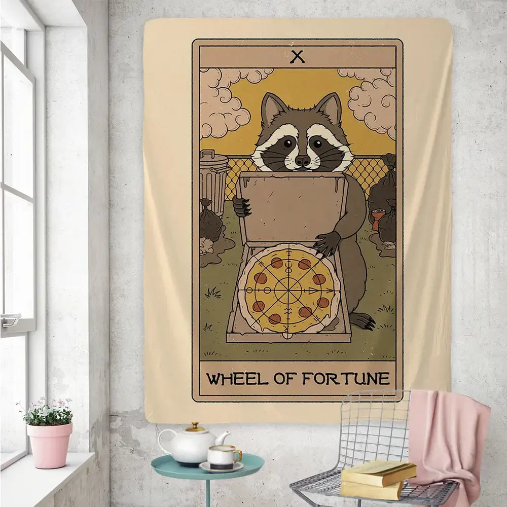 Beige tapestry wall art featuring a cute raccoon tarot card holding a pizza box in wheel of fortune design