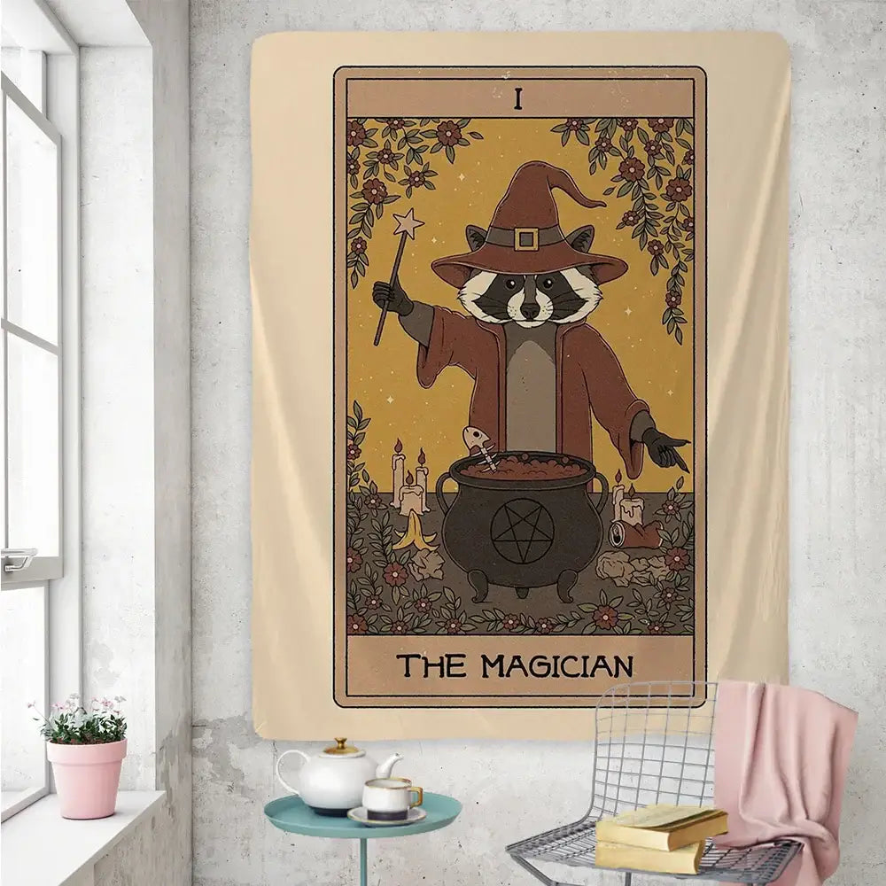 Beige boho tapestry wall art featuring a cute raccoon tarot card design with a witch raccoon and cauldron scene