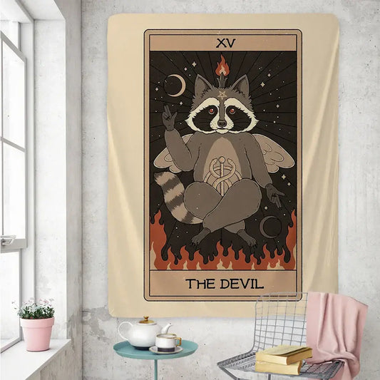 Beige tapestry featuring a cute raccoon tarot card styled as the devil with wings and flames for bedroom wall art