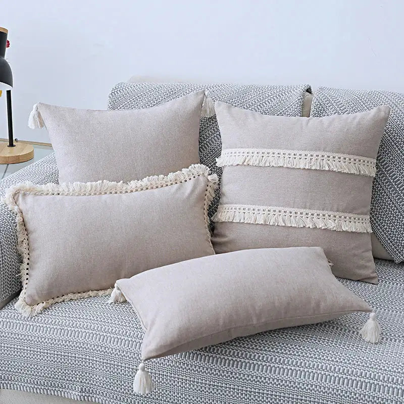 Beige linen tassel pillow cover set with cream fringe for living room sofa boho pillow cover set