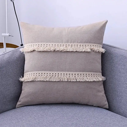 Beige linen throw pillow cover set featuring cream lace trim with frayed edges for living room sofa decor
