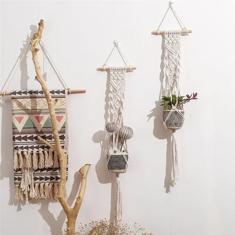 Beige macrame plant hanger basket with geometric patterns and tassels for boho living room wall decor