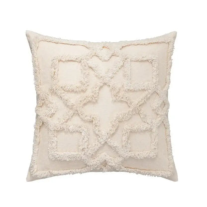 Cream-colored cushion cover with textured frayed geometric pattern in decorbites beige boho style for living room decor