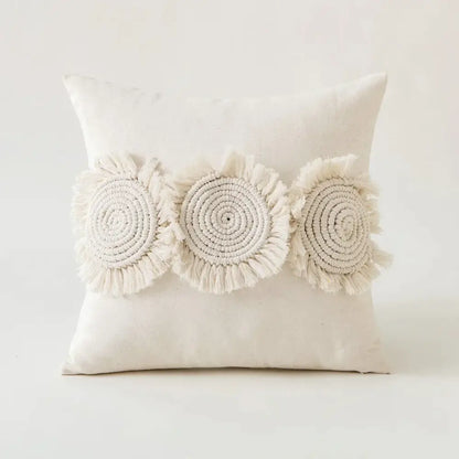 Cream-colored cushion cover with three handcrafted tufted fringed macrame circles decorbites beige tufted living room pillow case