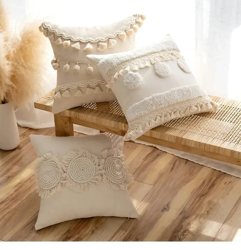 Cream-colored boho beige tufted fringed cushion cover with textured crochet and tassel decorbites pillow case