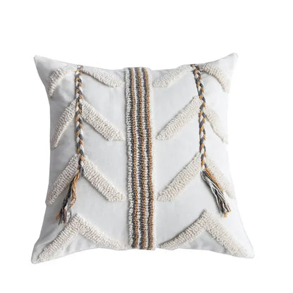 White throw tufted pillow cover with beige and gray woven arrow patterns for boho living room decor