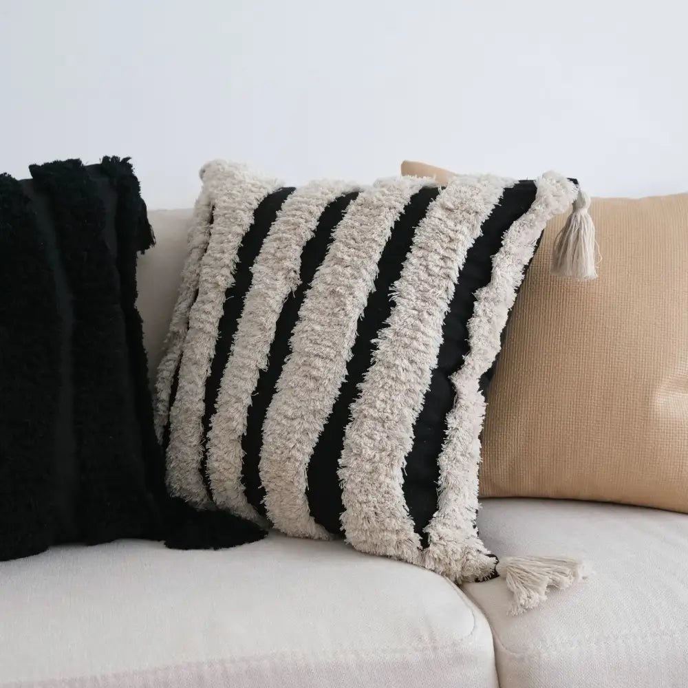 Black and cream striped tassel throw pillow with fringed edges for decorbites boho beige white living room pillow cases decor