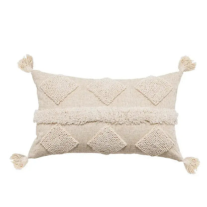 Beige white tufted boho beige pillow cover with diamond-shaped tufts and tassels for bedroom decorbites decor