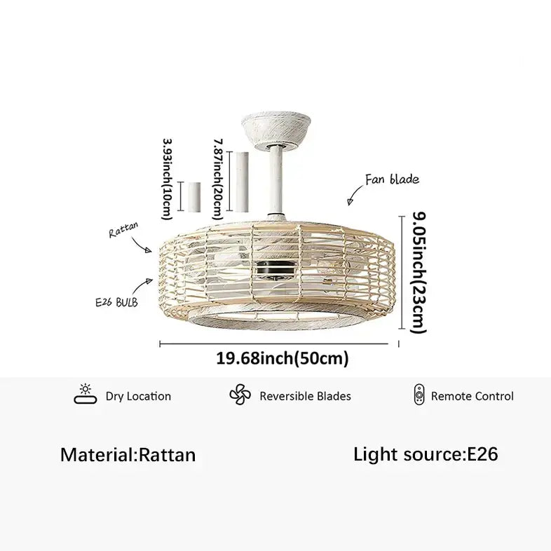 Boho beige woven rattan ceiling fan light with circular design and integrated lighting for living room ceiling fan light