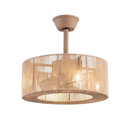 Beige woven rattan ceiling fan light with integrated fixture for living room boho style ceiling fan light