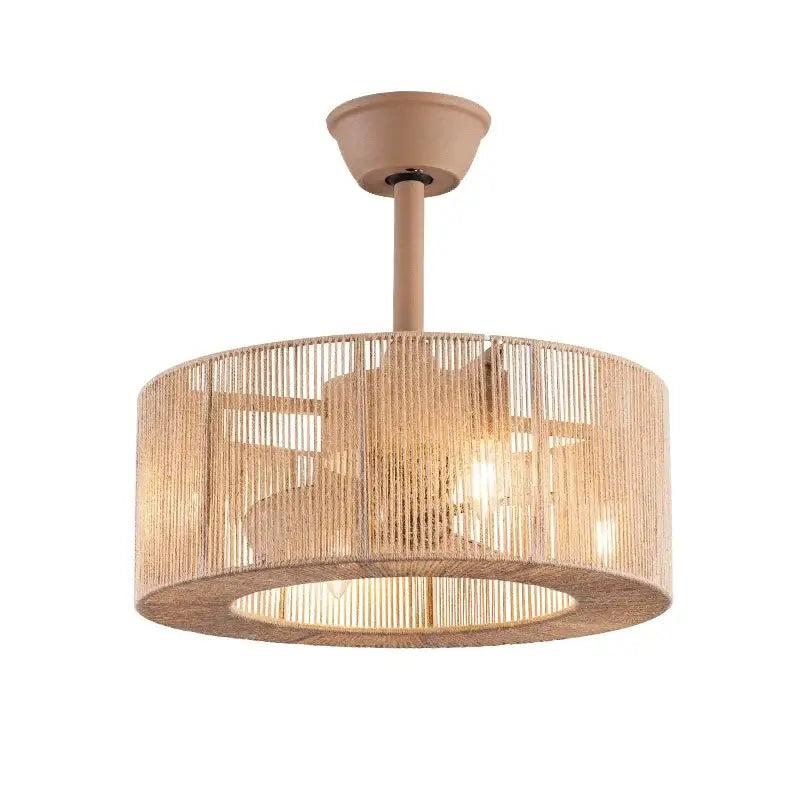 Beige woven rattan ceiling fan light with integrated fixture for living room boho style ceiling fan light