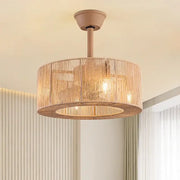 Boho beige woven rattan ceiling fan light with cylindrical design and visible bulb for living room use