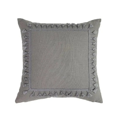 Gray square pillow cover with textured linen cotton fabric center and decorative tassels for living room decor