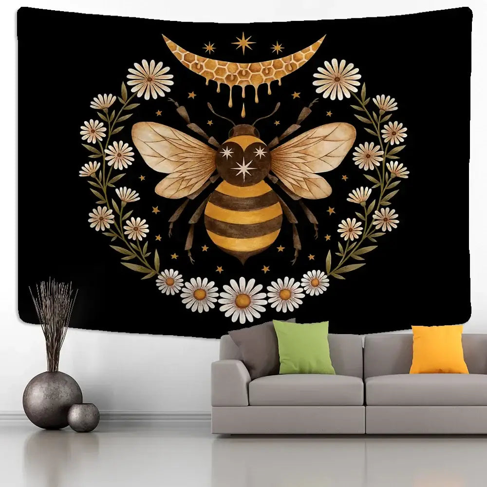 Boho black and gold bee daisy wall hanging tapestry features a central bee with daisies and honeycomb crescent moon