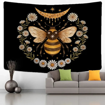 Boho black and gold bee daisy wall hanging tapestry features a central bee with daisies and honeycomb crescent moon