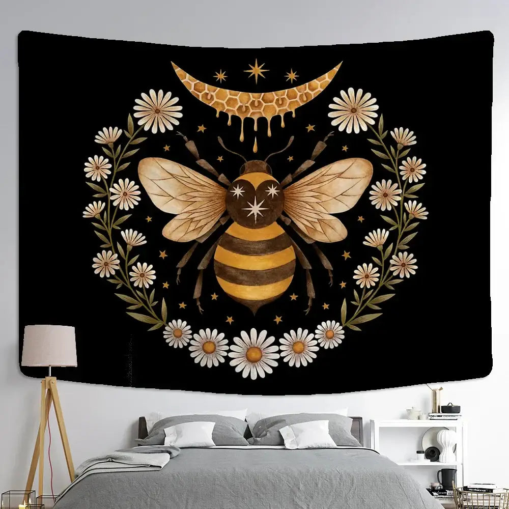 Boho black and gold bee daisy wall hanging tapestry with central golden bee brown stripes white daisies and honeycomb crescent moon
