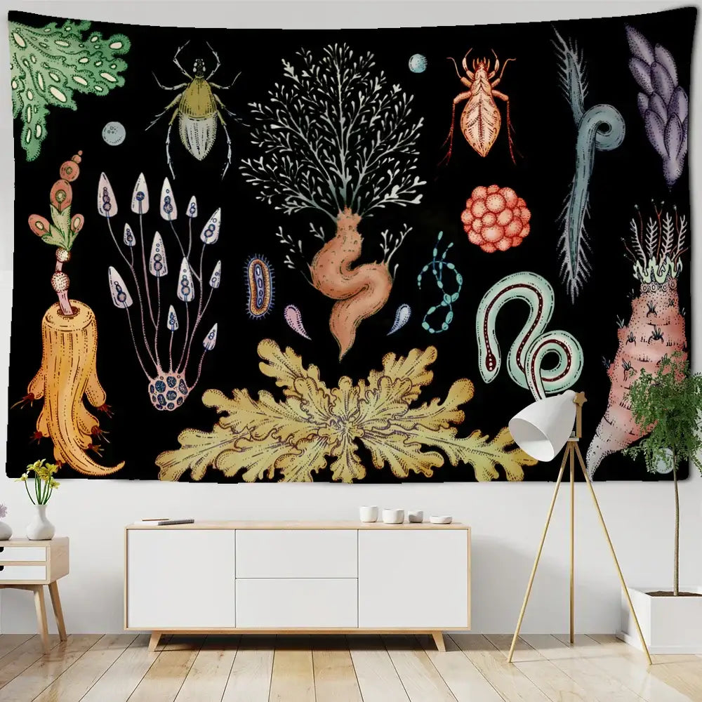 A vibrant black wall tapestry with colorful detailed organisms for boho bedroom decorbites cactus moon starry sky