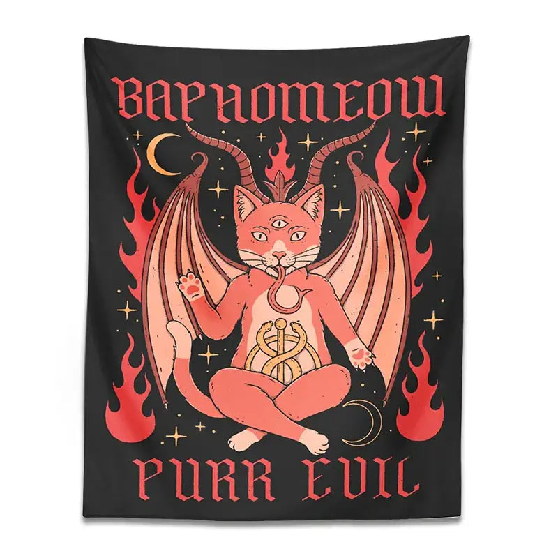 Boho black and pink cat baphomeow tapestry featuring demonic winged cat and flames for bedroom wall decor by decorbites cat