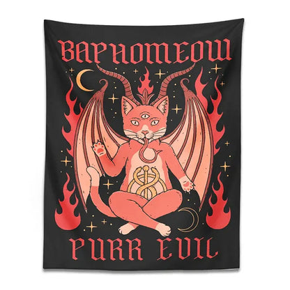 Boho black and pink cat baphomeow tapestry featuring demonic winged cat and flames for bedroom wall decor by decorbites cat