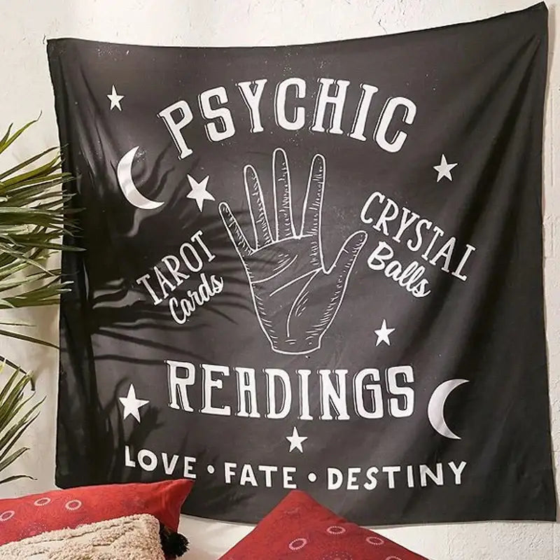 Black fabric boho wall hanging divination tapestry pink ouija with white text tarot cards crystal balls illustrations