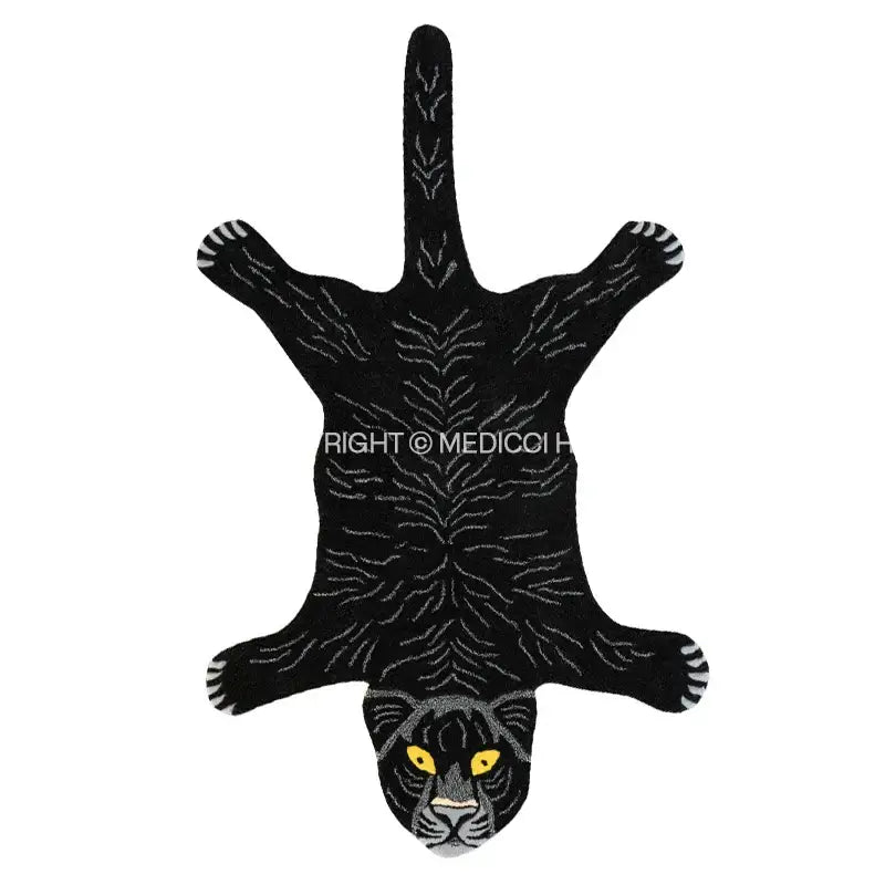 Boho black bear rug black cat-shaped with silver embroidered stripes and yellow eyes floral embroidered carpet for decorbites boho black