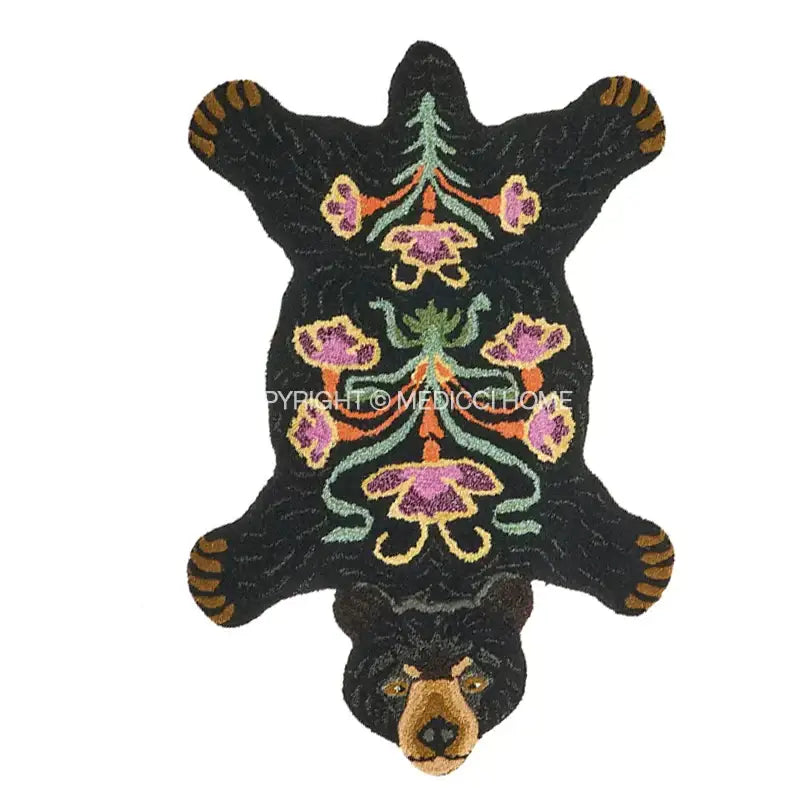 Boho black bear rug featuring embroidered floral patterns in pink green and orange for bedroom decorbites decor