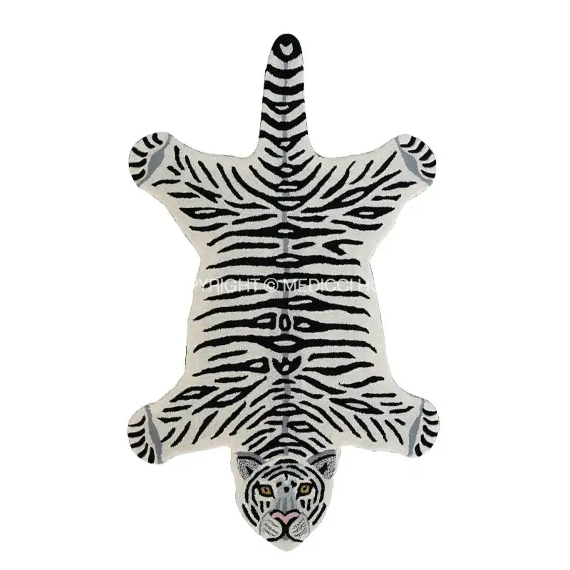 Boho black bear rug featuring a white tiger design with black stripes and embroidered facial details for decorbites boho black decor