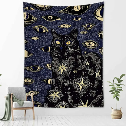 Boho black and gold cat eyes tapestry featuring a black cat with golden eyes and star patterns on dark blue decorbites cat eyes decor