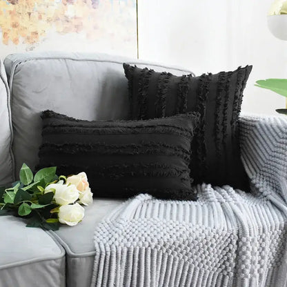 Black rectangular pillow covers with tassel striped texture and frayed edges for boho home decor living room