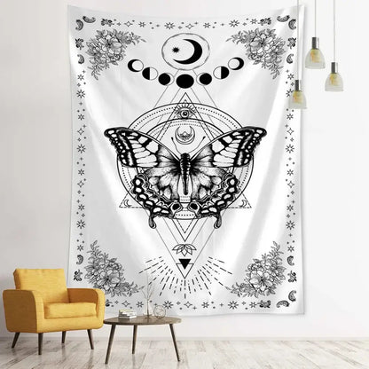 White tapestry featuring a black ink geometric butterfly with moons stars and mystical symbols for bedroom wall decorbites geometric butterfly