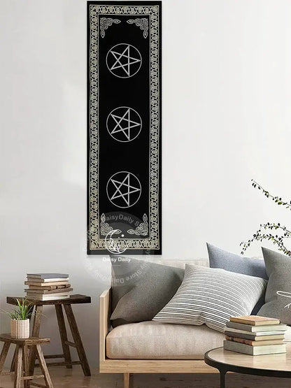 Boho black and white indian three pentagram tapestry with ornate border hanging on wall for bedroom decorbites indian three use