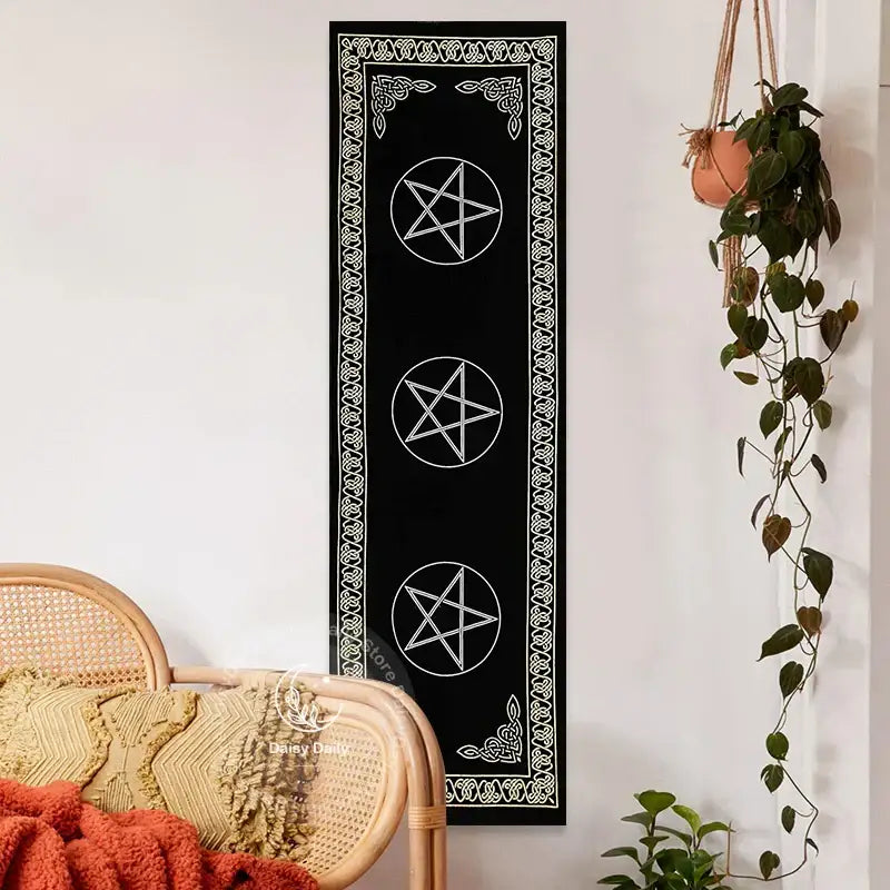 Boho black and white indian three pentagram tapestry featuring three white pentagrams and celtic knotwork decorbites indian three wall decor