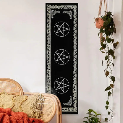 Boho black and white indian three pentagram tapestry featuring three white pentagrams and celtic knotwork decorbites indian three wall decor