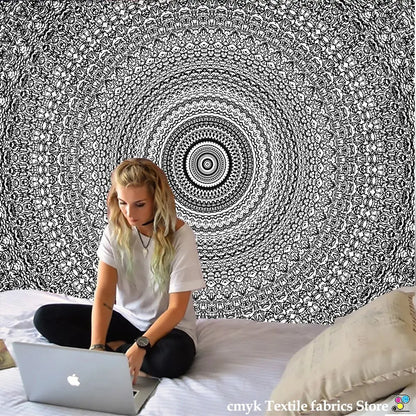 Boho black and white mandala tapestry wall hanging featuring intricate indian mandala design for bedroom decorbites decor