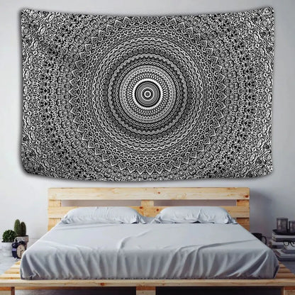 Boho black and white mandala tapestry wall hanging above wooden bed frame decorbites Indian mandala decor