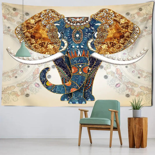 Boho blue and gold elephant mandala tapestry featuring intricate mosaic patterns for bedroom wall decor by decorbites