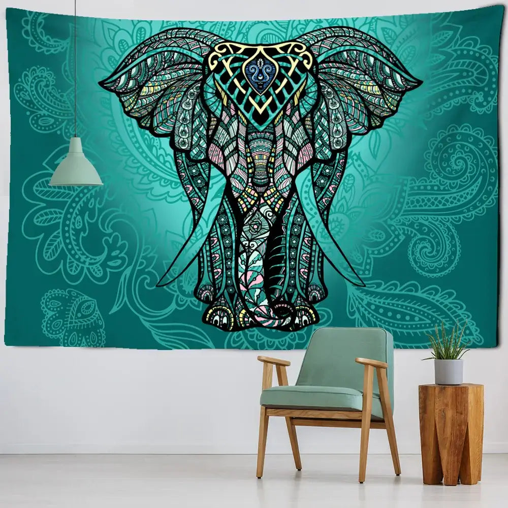 Teal and black intricately patterned elephant mandala tapestry with paisley designs for boho bedroom decorbites elephant mandala