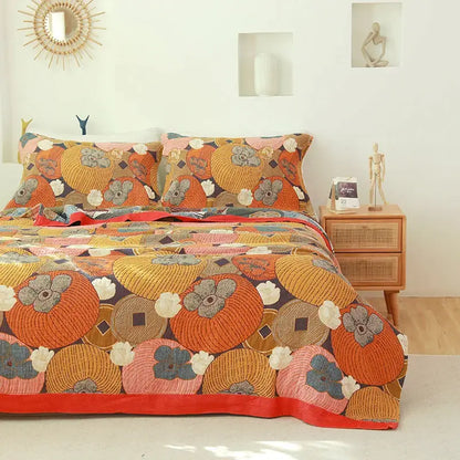 Vibrant orange and pink quilted cover blanket with embroidered floral patterns for sofa chair decorbites boho cotton use
