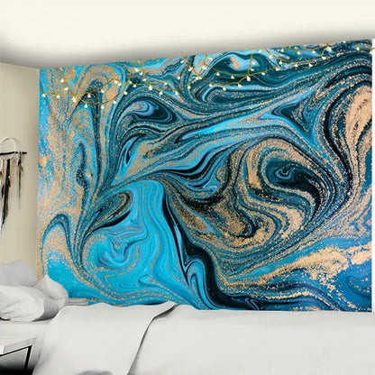 Boho blue gouache line marbled tapestry in vibrant blue and gold hanging above a bedroom bed wall hanging