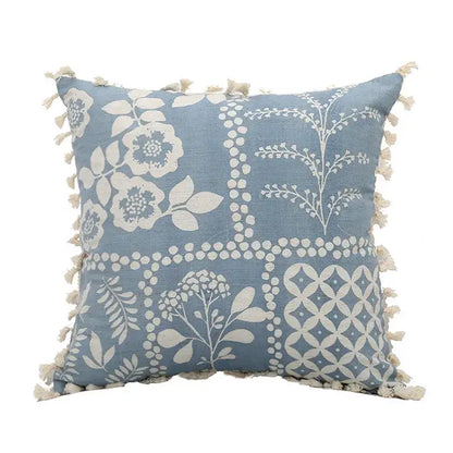 Boho blue and white tassel cushion cover featuring cream floral and geometric patterns for living room decorbites blue tassel decor