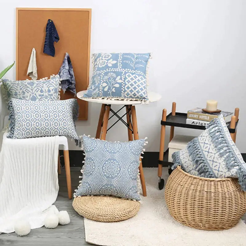 Boho blue and white tassel cushion cover featuring patterned throw pillows for stylish living room decorbites blue tassel decor